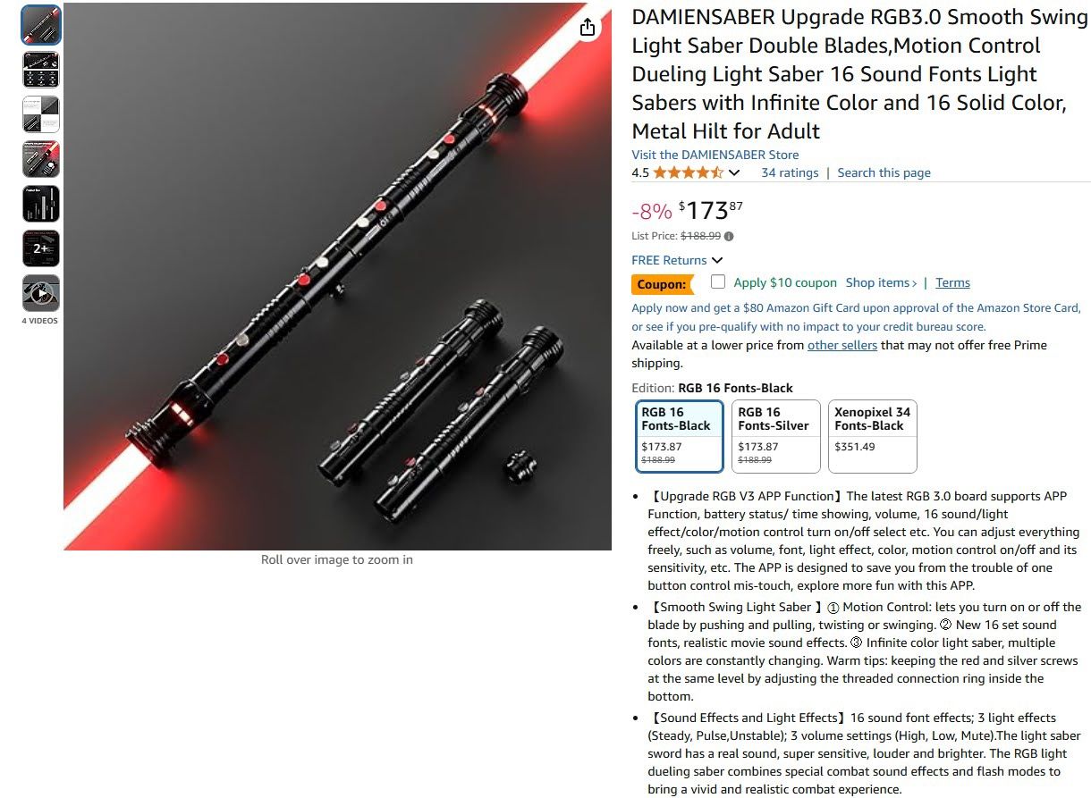 DAMIENSABER Upgrade RGB3.0 Smooth Swing Light Saber Double Blades,Motion Control Dueling Light Saber 16 Sound Fonts Light Sabers with Infinite Color a
