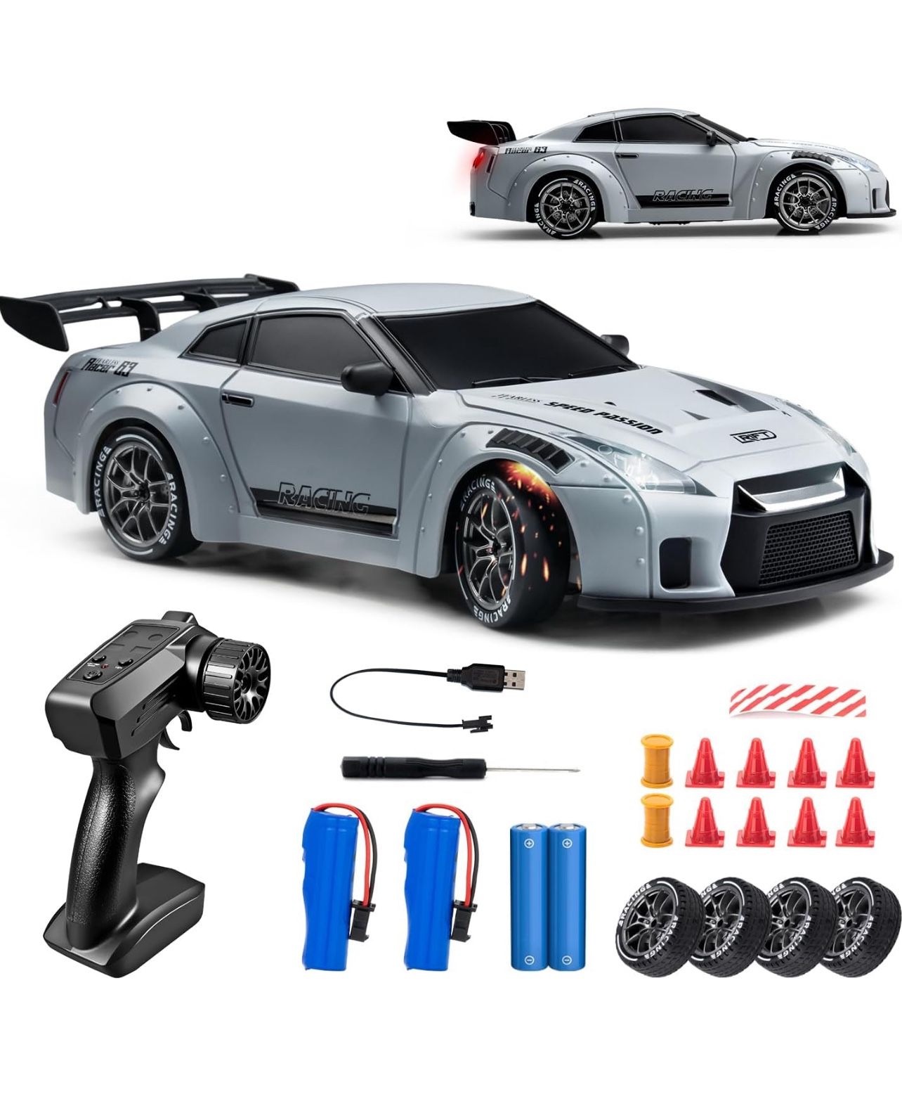 Brandnew RC Drift Car, 1:24 Scale Remote Control Vehicle with LED Lights, 2.4GHz 20KM/H 4WD High Speed RC Cars, Drifting Tires＆Two Batteries, Racing S