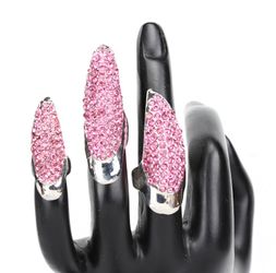 Claw Nail Rings Pink Austrian Crystal set of 3 Nail Rings in Silvertone (one size fits most)