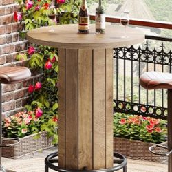  Round Bar Table, 39.4" H Wood Bistro Pub Table with Metal Ring Footrest for Dining Coffee Cocktail Living Room, Small Space, Light Brown(On