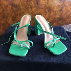 Green Square Toed Chunky Heels with AnkleStrap💚