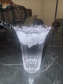 Vintage Mikasa Frosted Rose Crystal Vase, Clear Ribbed Body, Raised Satin Roses, Germany