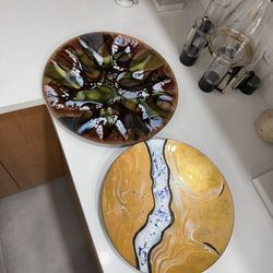 Vintage Pair of Lacquered Copper Vide-Poche / Decorative Plates signed 