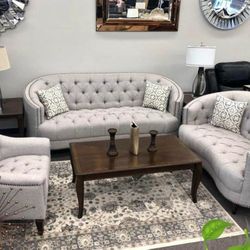 3 PIECE TUFTED GREY LIVING ROOM SET SOFA LOVESEAT AND CHAİRS AVONLEA