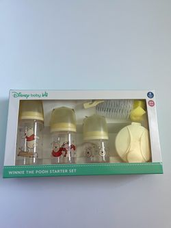 Gender Neutral Disney Baby Winnie the Pooh 6 Piece BPA Free Bottle Starter Set Gift Set Formula Dispenser Bottle Brush