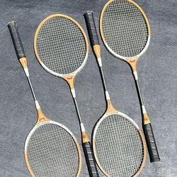 Set Of Four Vintage Badminton Racquets With New Shuttlecocks And Vintage Net