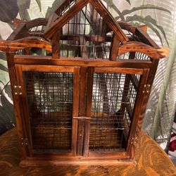 BIRD OR PET-CAGE SOLID WOOD HANDMADE BOUGHT AT ANTIQUE DEALER IN LONDON ITS 100YRS OLD! CAN HANG ON WALL OR ON A HOOK HAS BOTH KIND OF HOOKS TO HANG