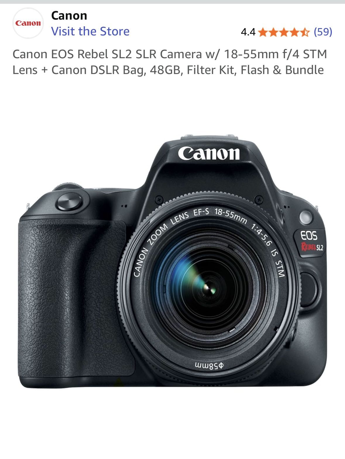 Canon EOS Rebel SL2 SLR Camera w/ 18-55mm f/4 STM Lens + Filter Kit + Flash