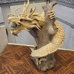 Dragon On Wood Tree Stump Sculpture