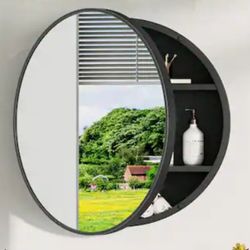 Keonjinn 24" Round Metal Framed Surface Mount Medicine Cabinet In Matte Black