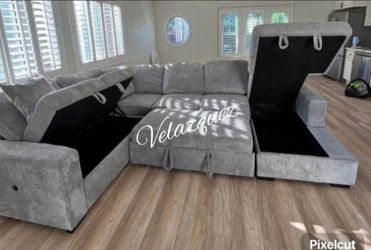 ✅️✅️4 pc Grey corduroy fabric sectional sofa with storage chaise and love seat and pop up sleep area in center USB charging✅️✅️