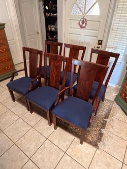 Set of 6 Mahogany Dining Chairs with Blue Seats