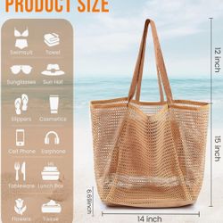 Beach Bags for Women, Summer Travel Mesh Tote Bag with Large Inner Pocket, Sandproof Woven Shoulder Handbag