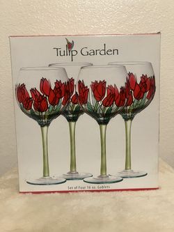 Home Essentials & Beyond Tulip Garden 16 oz Goblet Set Floral Glass 4 Pc