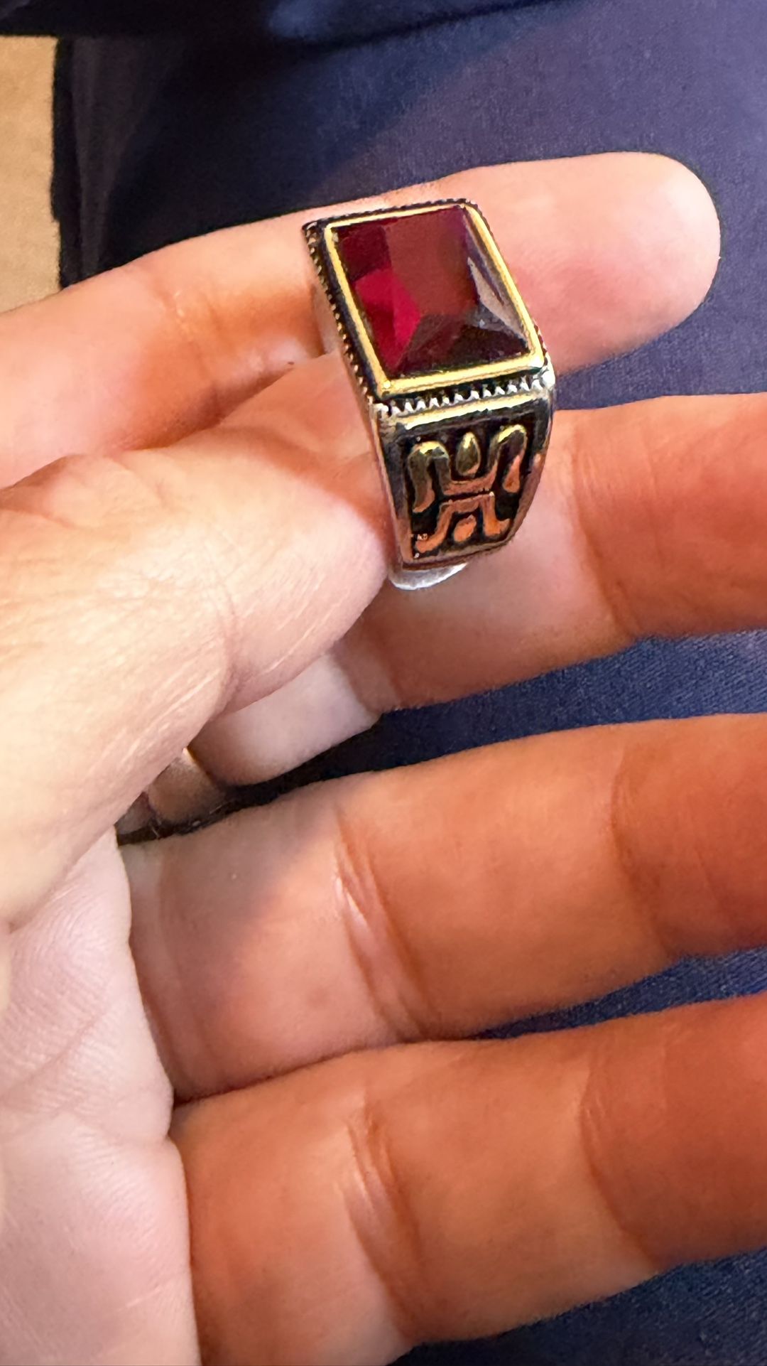 Vintage Stainless Steel Man Ring With Large Garnet Gemstone And Some Gold Work On Sides