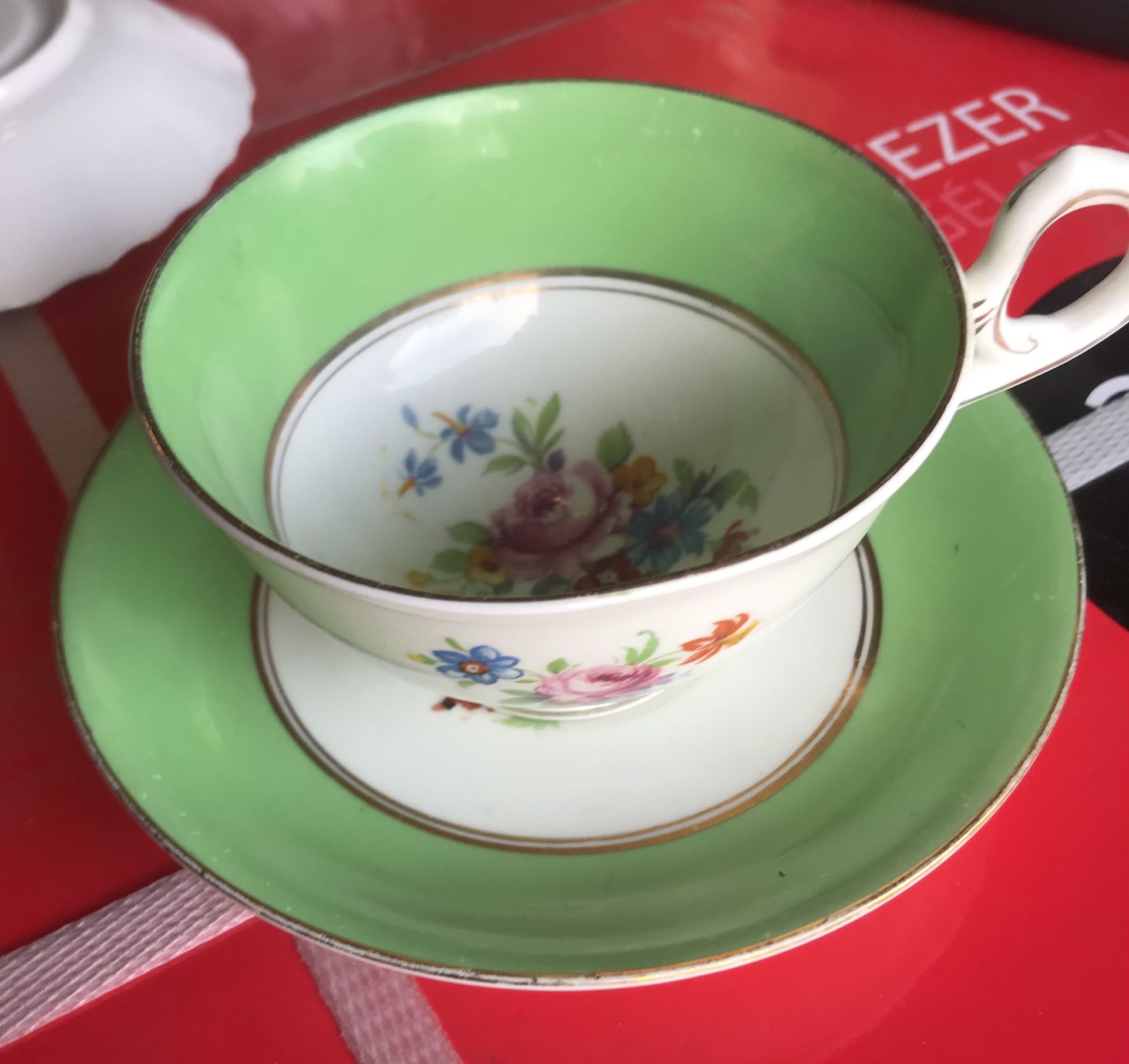 Vintage Sampson Smith Old Royal Bone China Tea Cup & Saucer. Multicolored Flowers with a green band. 
