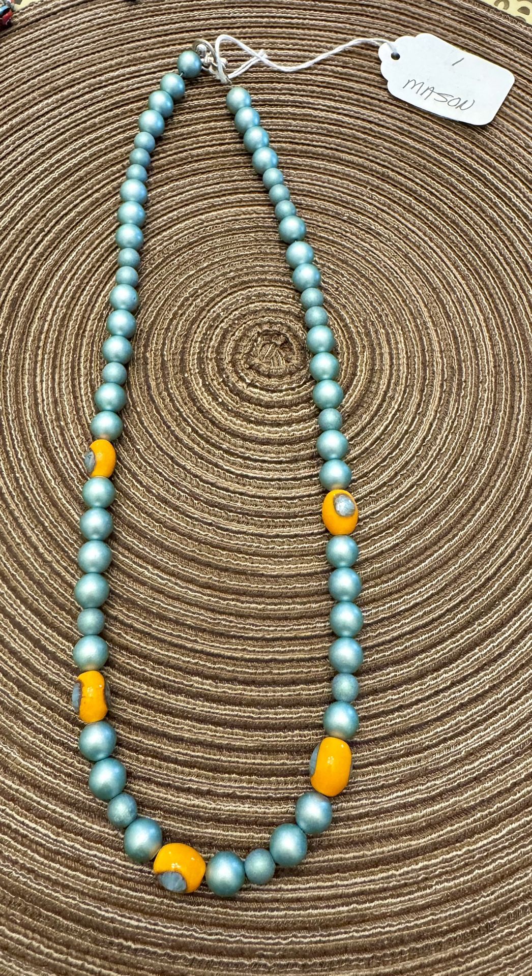 Vtg. Venetian Glass Beads Blue And Orange w Toggle Clasp 24” Designed Ann Mason