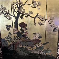 Vintage Chinese Hand Carved 6ft Four Panel SCREEN Hand Gold Birds Flowers