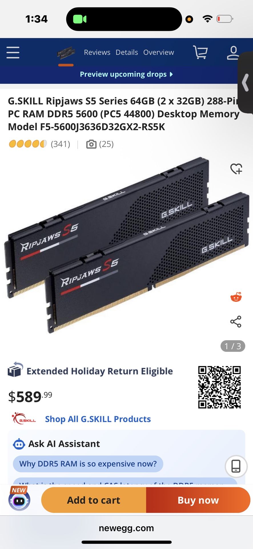 G.SKILL Ripjaws S5 Series 64GB (2 x 32GB) 288-Pin PC RAM DDR5 5600 (PC5 44800) Desktop Memory Model