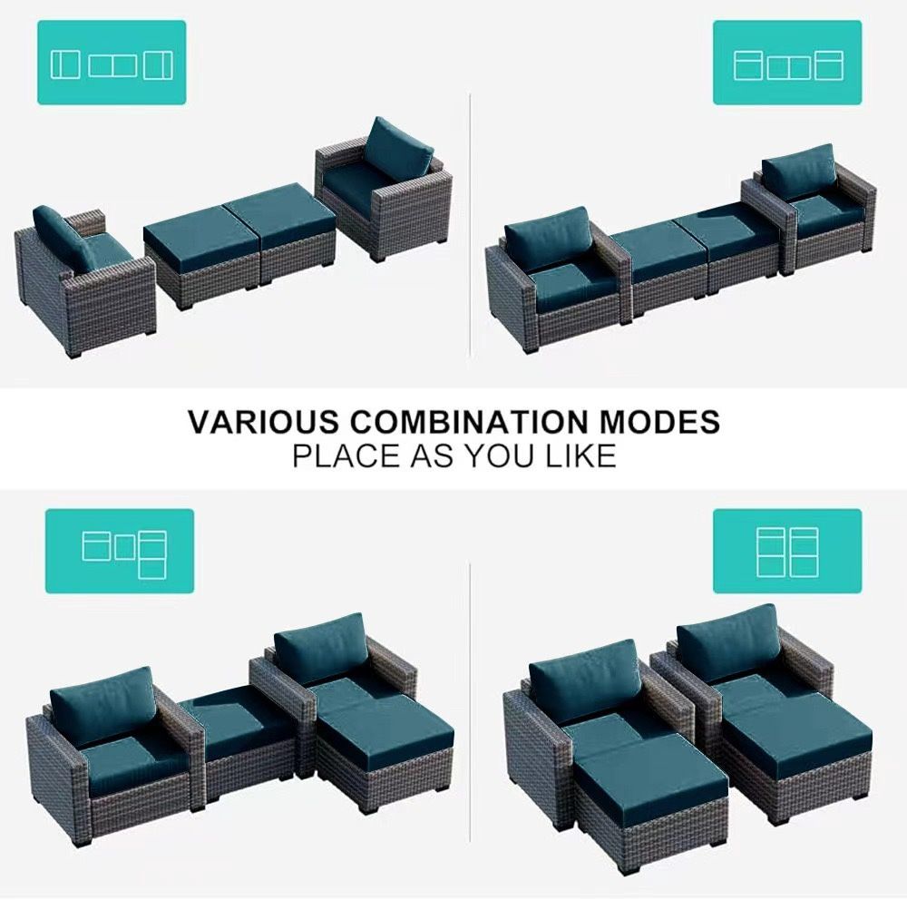 Outdoor Wicker Patio Chair with Ottoman for Porch Balcony Deck Backyard, Red Brown Rattan Sofa Chair Waterproof Removable 2 PCS Peacock Blue