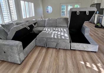 Gray Corduroy Sectional Sofa with Storage