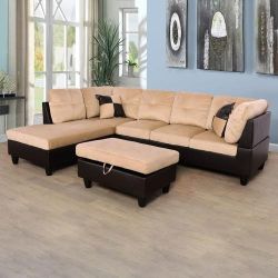 New Beige Sectional With Ottoman 