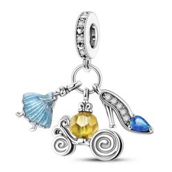 🏰New 3 pc Cinderella Carriage Glass Slipper Sterling Silver Plated Cubic Zerconia Charm w Gift Bag