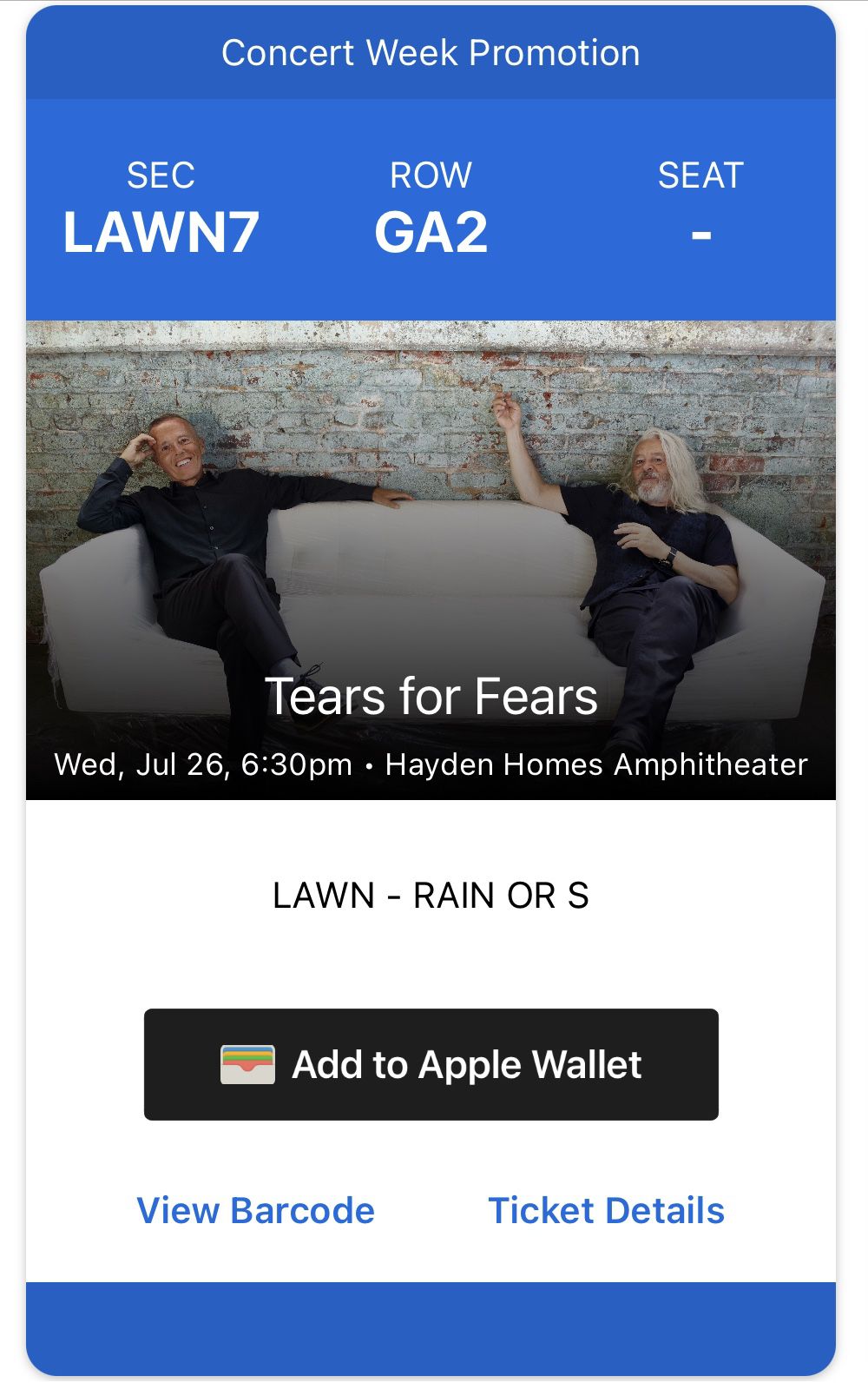 Tears For Fears GA Lawn tickets 7/25/23