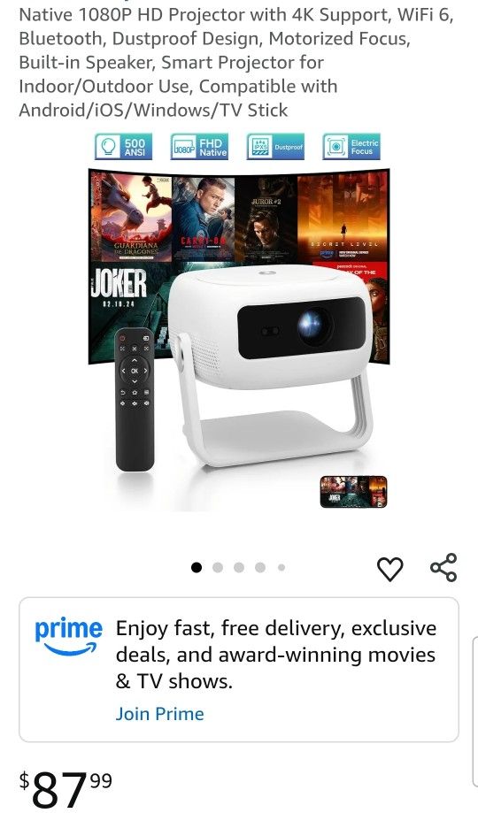 Native 1080P HD Projector with 4K Support, WiFi 6, Bluetooth, Dustproof Design, Motorized Focus, Built-in Speaker, Smart Projector for Indoor/Outdoor 