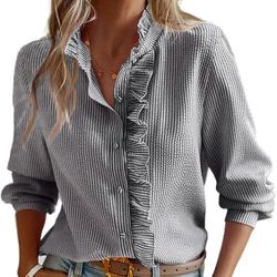 Women's Ruffle Trim Button Up Long Sleeve Blouse Top Stand Collar Elegant Work Shirt Size L Large 