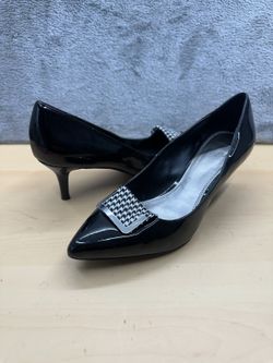 Impo Black Patent Houndstooth Buckle Pointed Toe Pumps