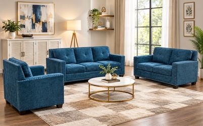 Modern style blue chenille three piece couch set