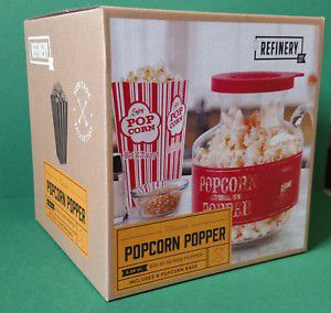 REFINERY 2.25QTR MICROWAVE GLASS POPCORN POPPER w/ 6 POPCORN BAGS . Condition is New in box.