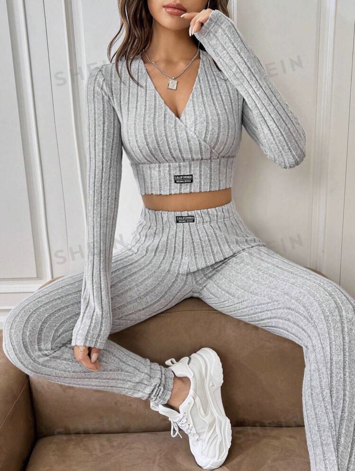 Super Soft Grey Striped 2-Piece Set // Crop-Tee & Leggings