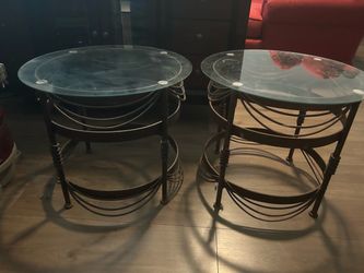 Pair of Round Glass Top End Tables