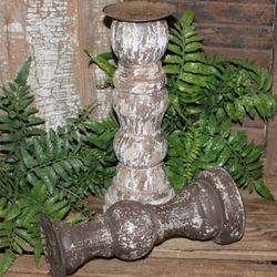 Pair of Rustic Chippy Distressed Solid Wood Farmhouse Candle Holders