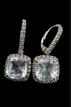 14K White Gold Leverback Earrings Cushion Cut Aqua CZ Halo – 1 Stone Missing