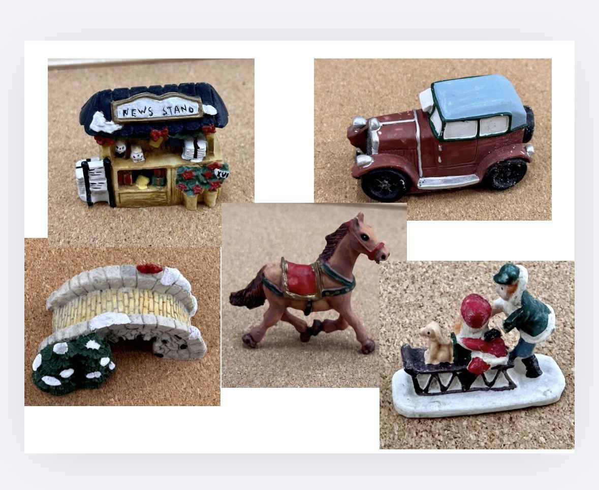 Vtg Victorian Village Mini Figures Lot of 5 Horse Bridge Car Gazebo Stand Sleigh