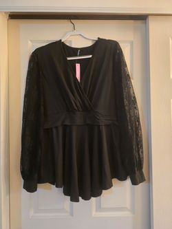 Black Peplum Blouse with Lace Sleeves 4X