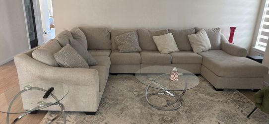 Large 7 seater sectional sofa and 2 round tables