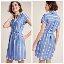 Anthropologie Pilcro Striped Blue Belted Linen Blend Dress Women's 4