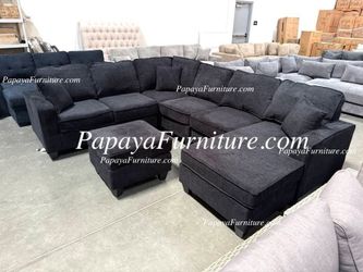 NEW Large U Shape BLACK Chenille Fabric Sectional Sofa and Chaise with Ottoman Set Ashley Style Designer's Choice Gray Grey BIG Couch Discount SALE