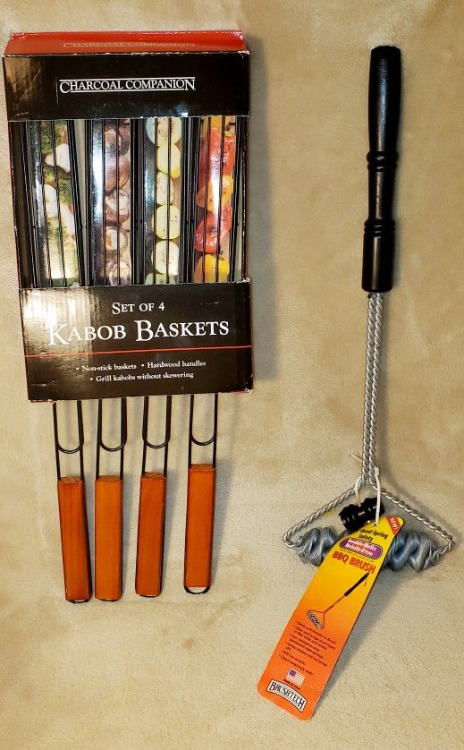 The Charcoal Companion Nonstick Kabob Grilling Baskets(4) & Double Helix Bristle Free BBQ Brush
