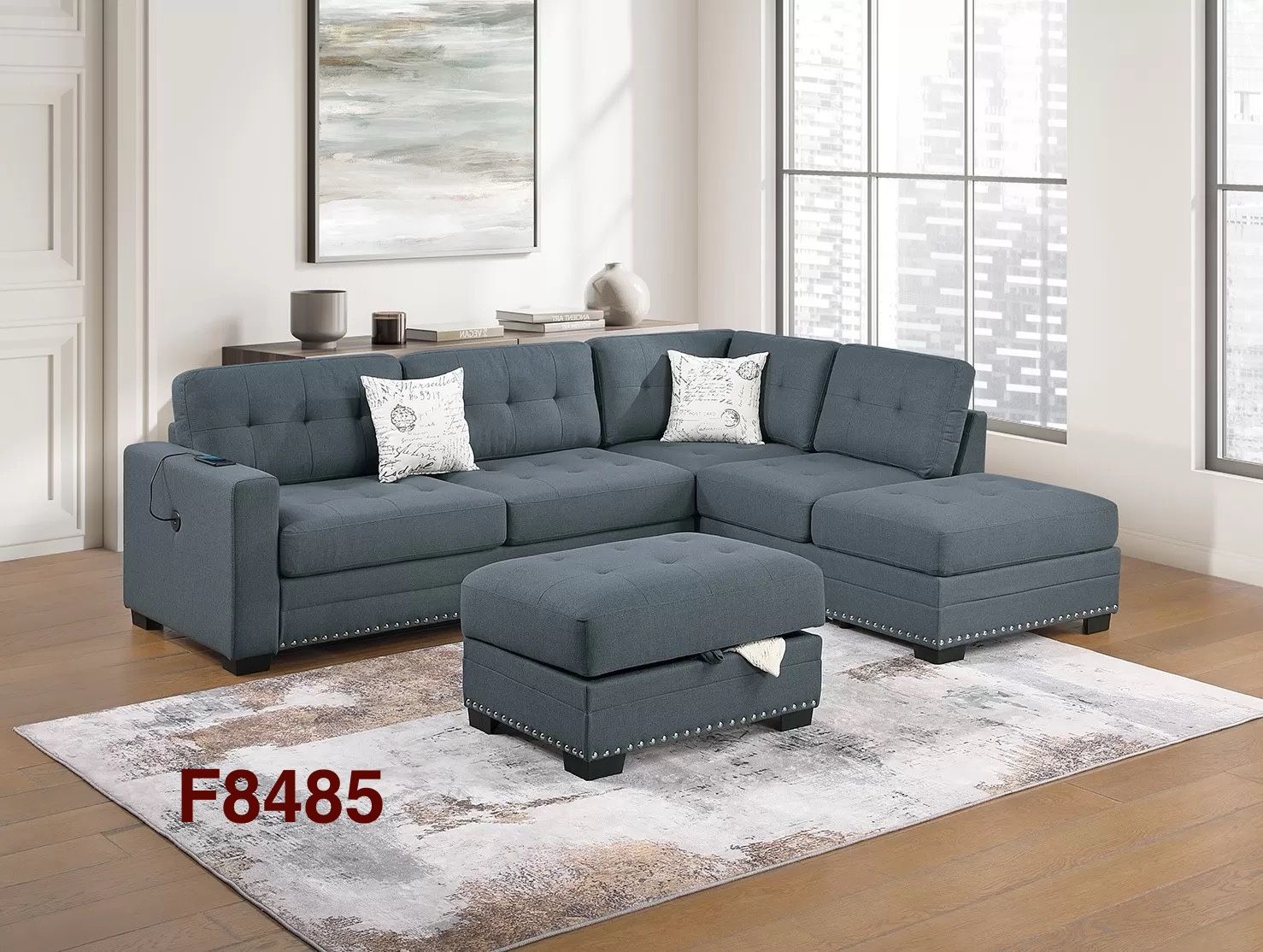 GREY REVERSIBLE CHAISE SECTIONAL WITH STORAGE OTTOMAN