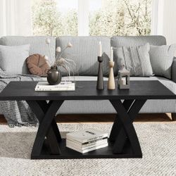 Farmhouse Coffee Table with Shelf, Wood Coffee Table, Black Coffee Table Living Room, Living Room Tables,47” Black