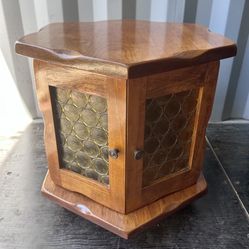 Mid-Century Bubble Glass Hexagon Table – Solid Wood, Storage