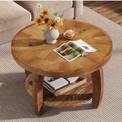 Solid Wood Round Coffee Table, 2-Tier Center 