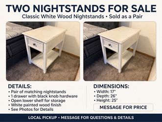 White Wood Nightstands, Pair