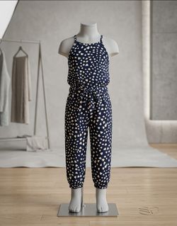 Girls Navy Heart Print Jumpsuit like new size 6-7