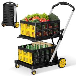 New -Collapsible Carts with 2 Storage Crates,8-in-1 Mobile Folding Trolley with 360°Rolling Wheels for Shopping,Picnic,Warehouse,Yellow